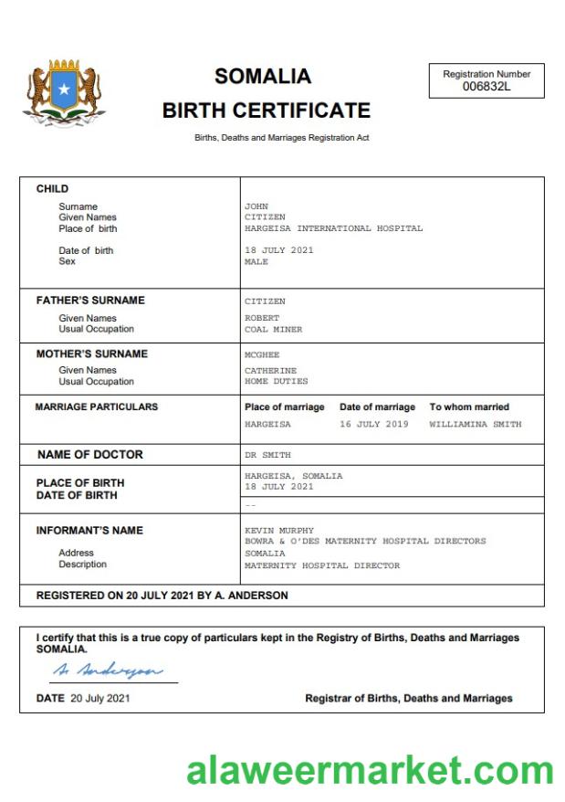 Somalia birth certificate Word and PDF template